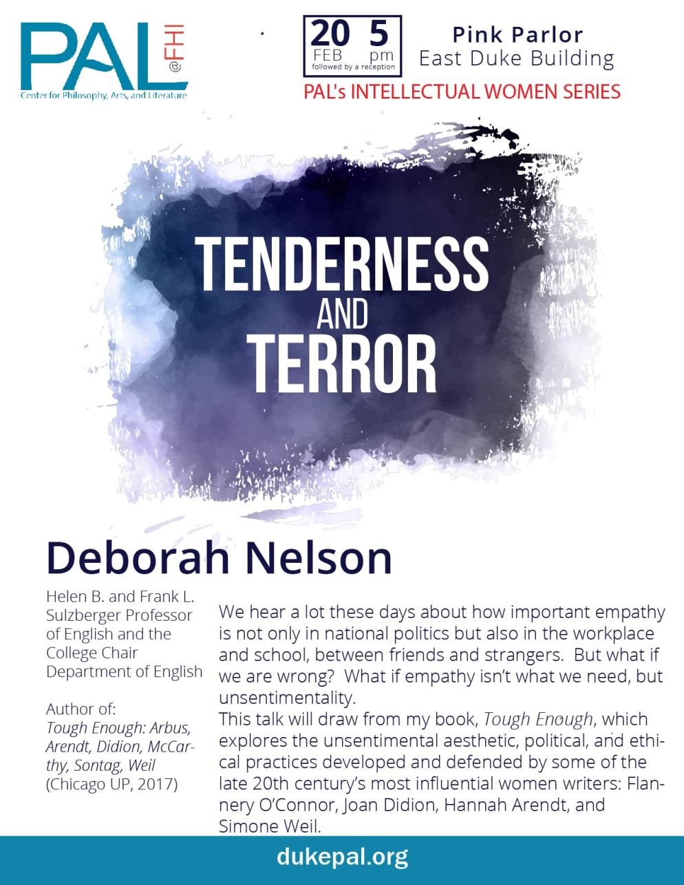 Flyer for Deborah Nelson guest of PAL Intellectual Women's Series
